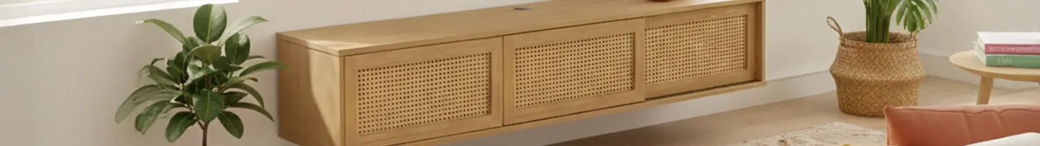 meuble tv suspendu effet bois dans un style bohème