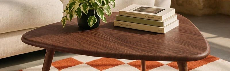 table basse effet bois avec plateau triangulaire