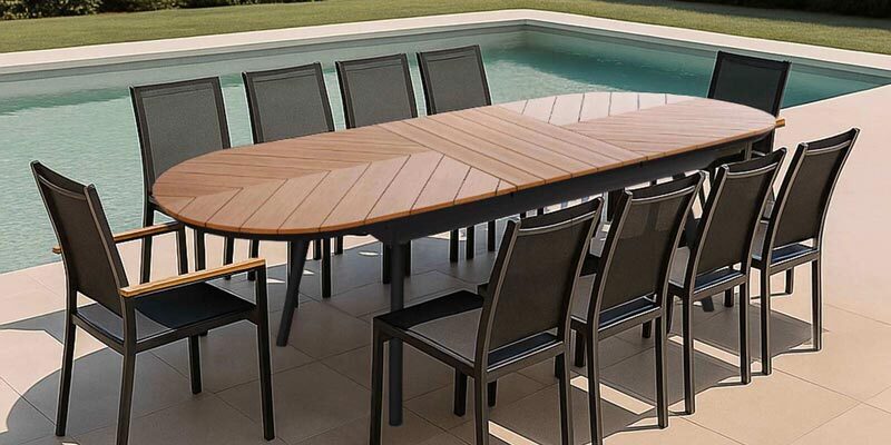 Table de jardin extensible avec 10 chaises en textilène