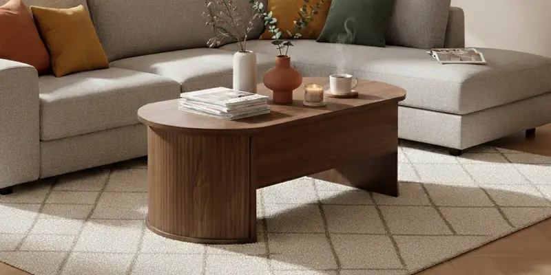 Table basse relevable effet bois avec plateau ovale