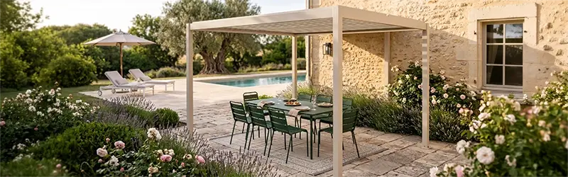 pergola tendance 2026 en aluminium couleur crème sur une terrasse complète