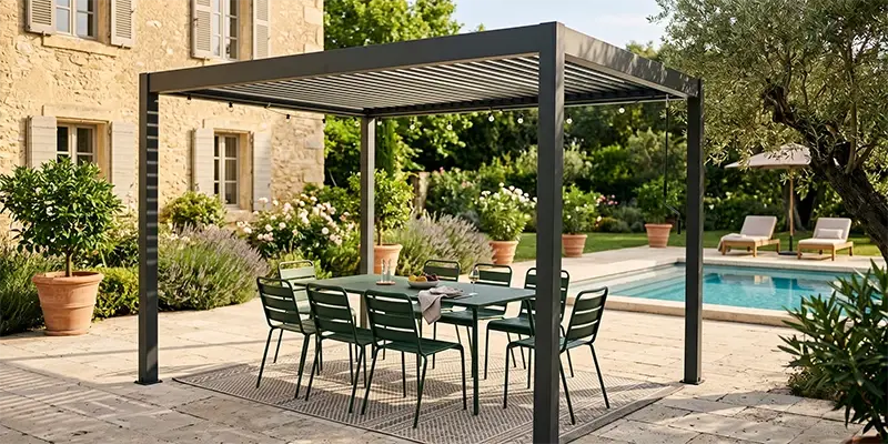 Pergola bioclimatique 4x3m en aluminium avec table et chaises de jardin en métal vert