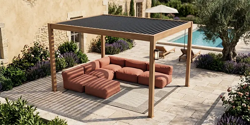 Pergola bioclimatique 4x3m autoportée avec un salon de jardin modulable