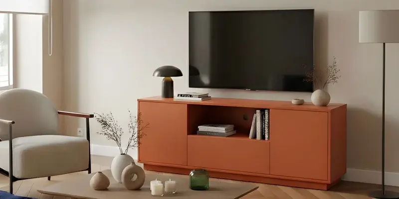 Salon complet avec fauteuil, table basse, tapis et meuble TV