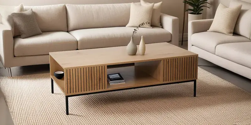 Table basse bois et métal avec canapé beige