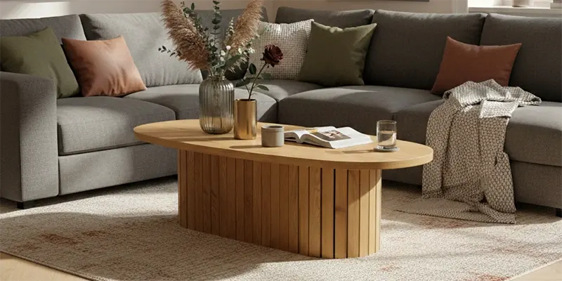 Table basse effet bois ovale avec un canapé et un tapis de salon