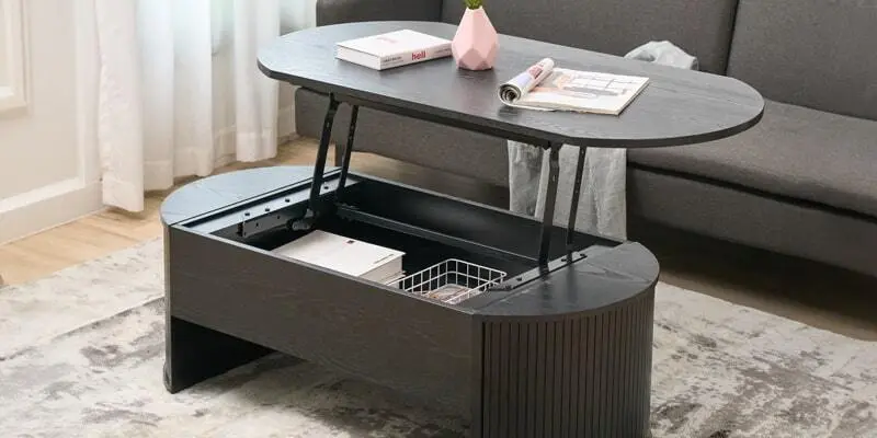 Table basse relevable noir effet bois et de rangement