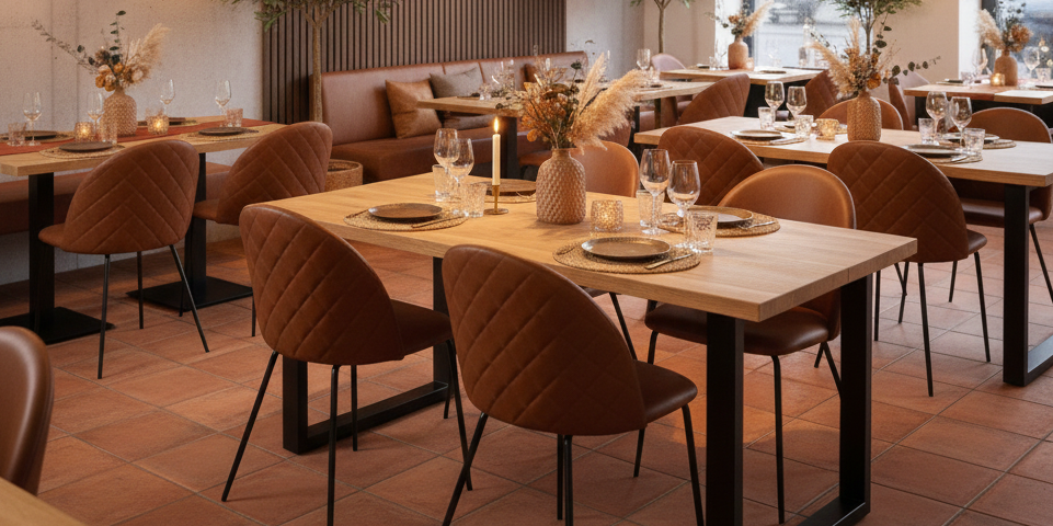 Table de restaurant noir et bois avec boords irréguliers et 4 chaises effet cuir
