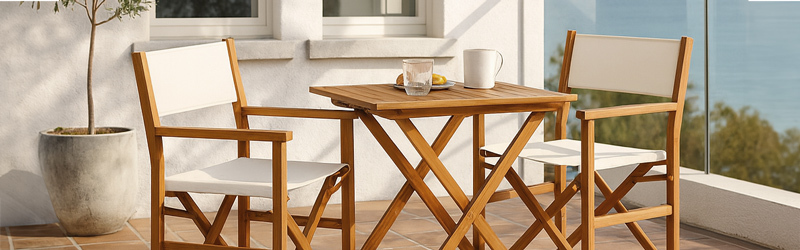 table de jardin carrée en bois et 2 chaises pliantes en bois et textilène