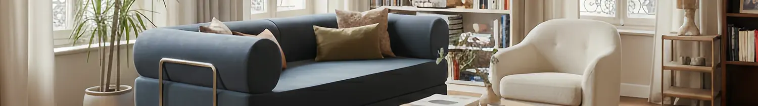 canapé convertible bleu foncé 2 places avec coussins modulables