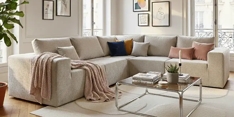 Canapé modulable écru avec angle 5 places avec coussins