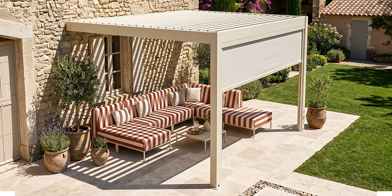 Pergola bioclimatique 3x3m en aluminium beige avec un salon de jardin modulable terracotta rayé