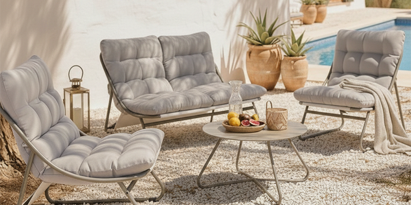 Salon de jardin en métal 4 places avec 1 canapé, 2 fauteuils et table basse