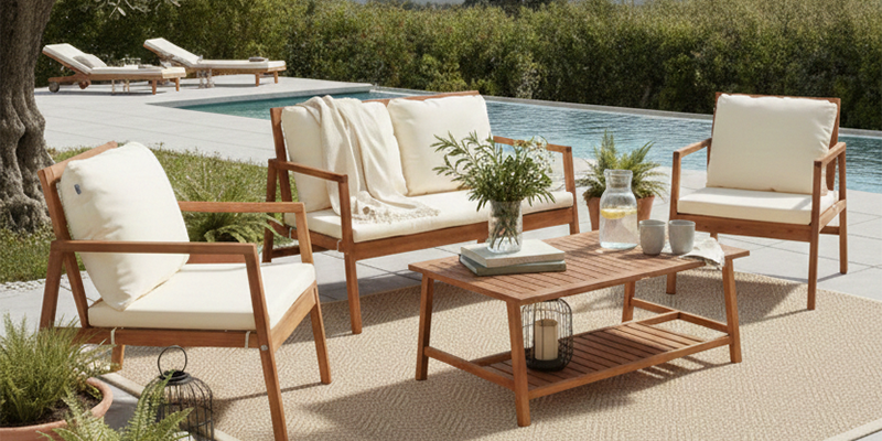 Salon de jardin en bois d'eucalyptus FSC® avec 1 canapé, 2 fauteuils et table basse