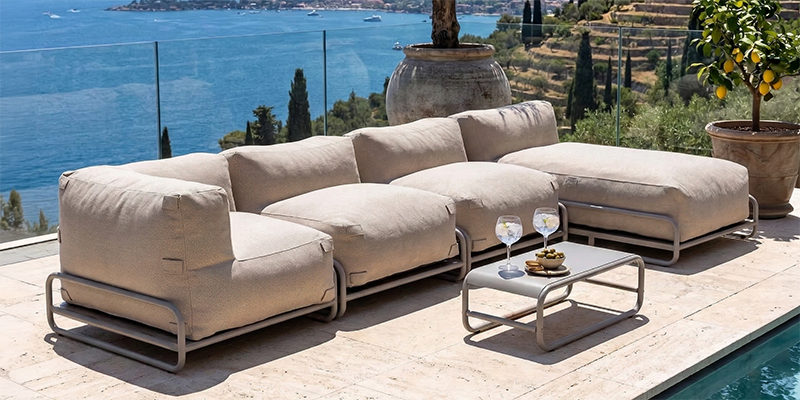 Salon de jardin modulable 4 places avec fauteuils, angle et méridienne