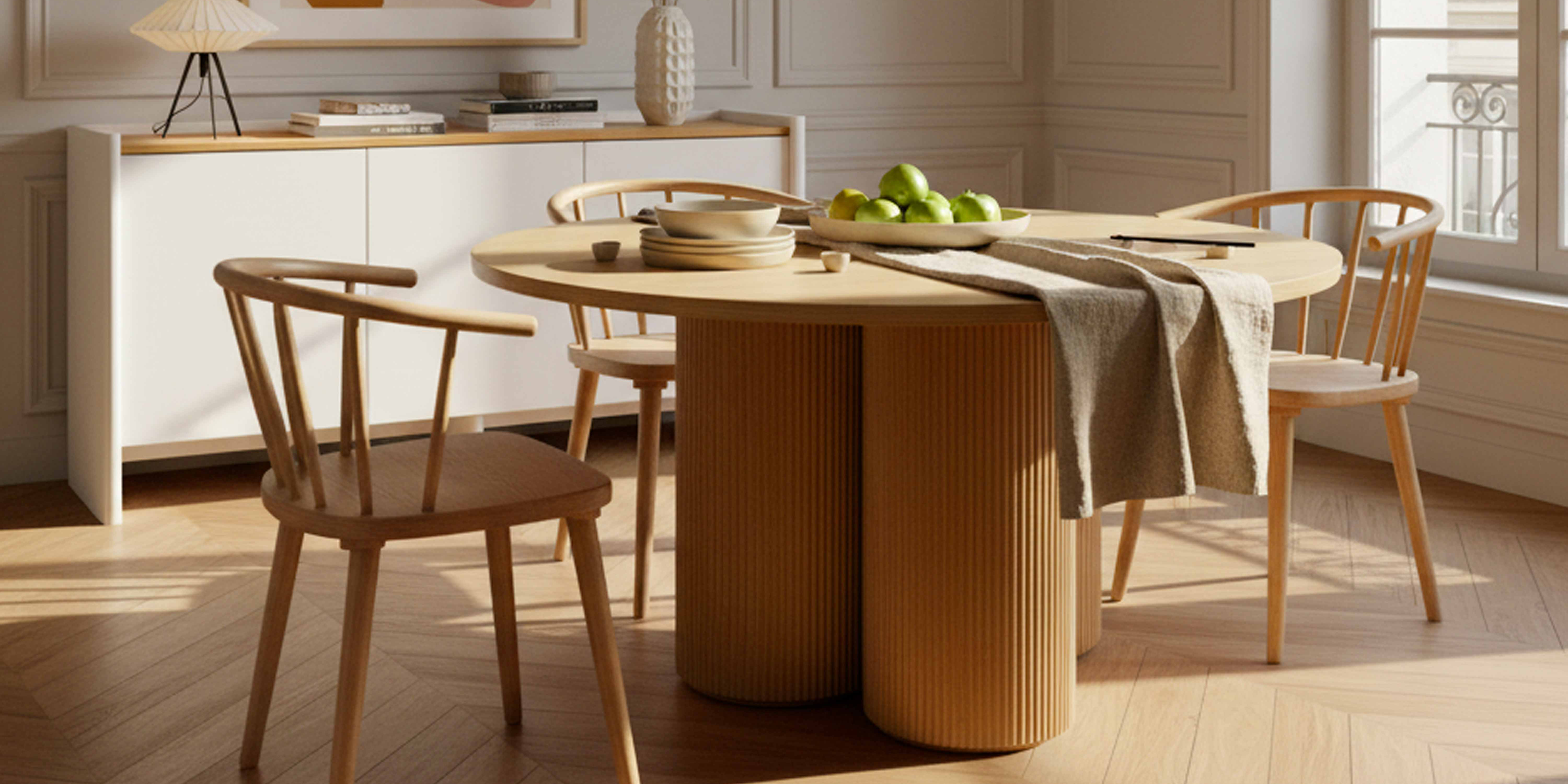 Table à manger rond effet bois clair pour 4 personnes