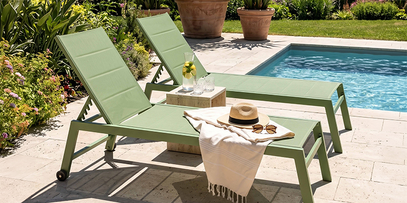Bains de soleil en aluminium avec table basse en bois au bord d'une piscine